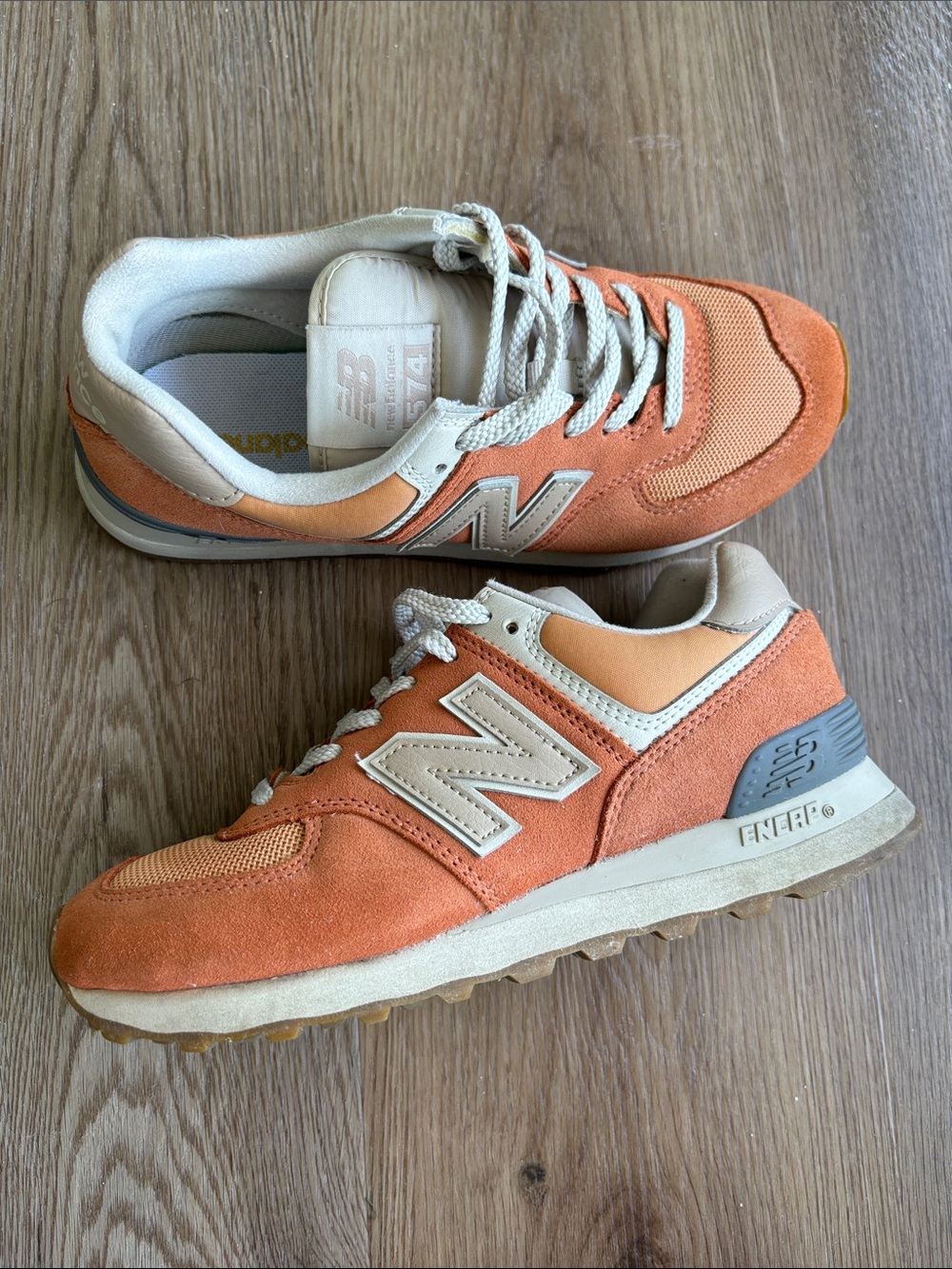New Balance 574 Orange & Cream Suede Sneakers